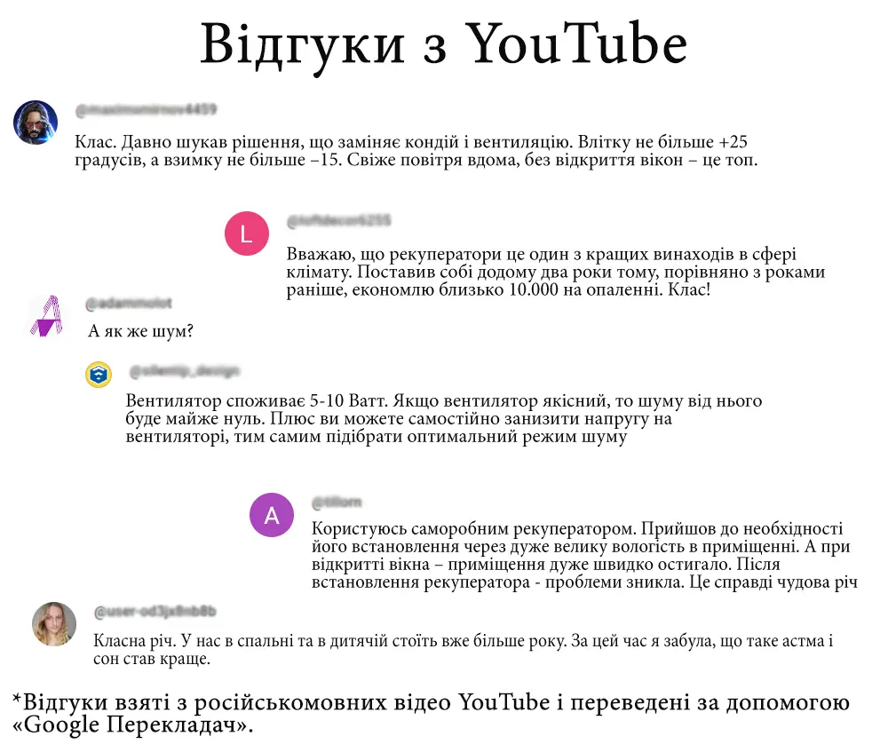 Відгуки під відео (на YouTube) про рекуператорів повітря
