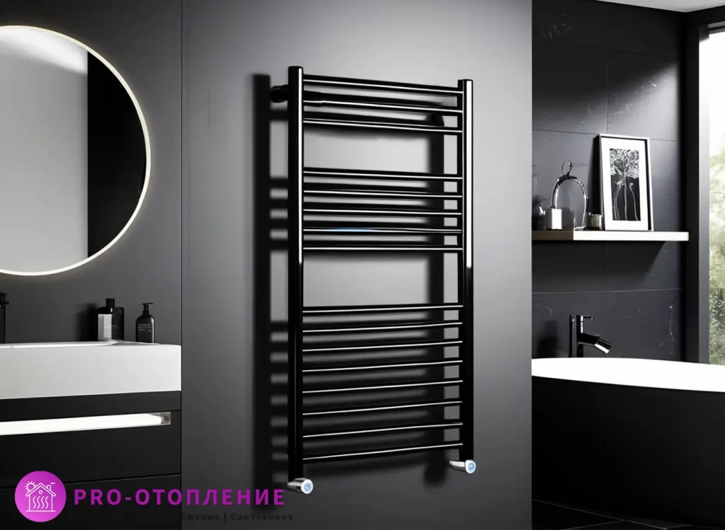Черный электрический полотенцесушитель в современной ванной комнате