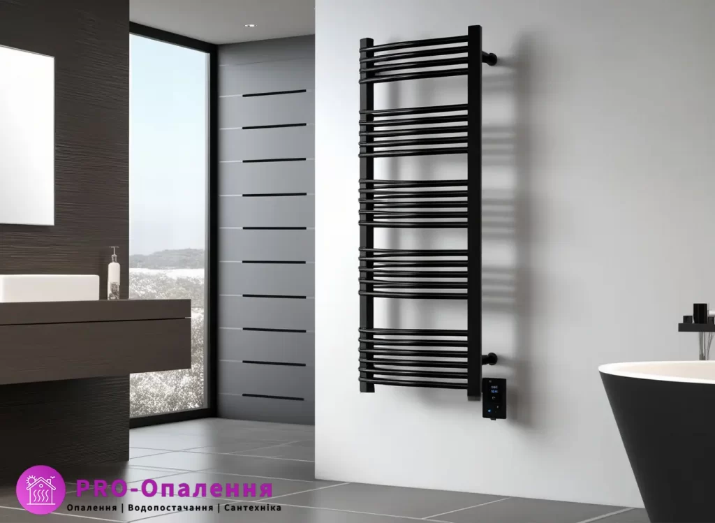 Електрична рушникосушка чорна, сучасний дизайн
