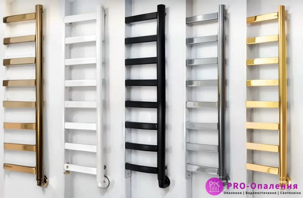 Матеріали для електричної рушникосушки: сталь, нержавіюча сталь, латунь, позолота тощо.