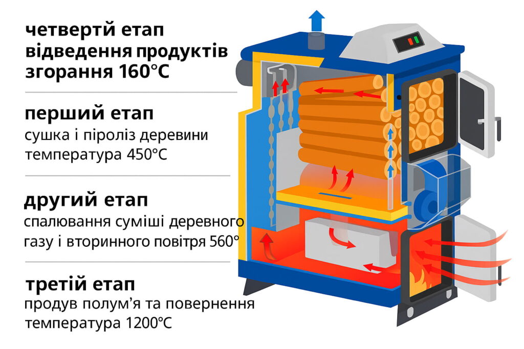 Принцип роботи піролізного котла - схема чотирьох етапів горіння палива