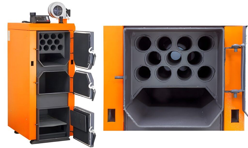 Фото показывает, как выглядит жаротрубный теплообменник в твердотопливном котле