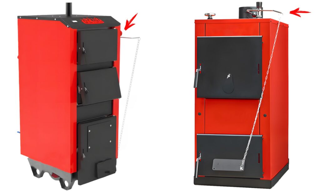 Фото показывает варианты установки механического регулятора тяги в твердотопливных котлах