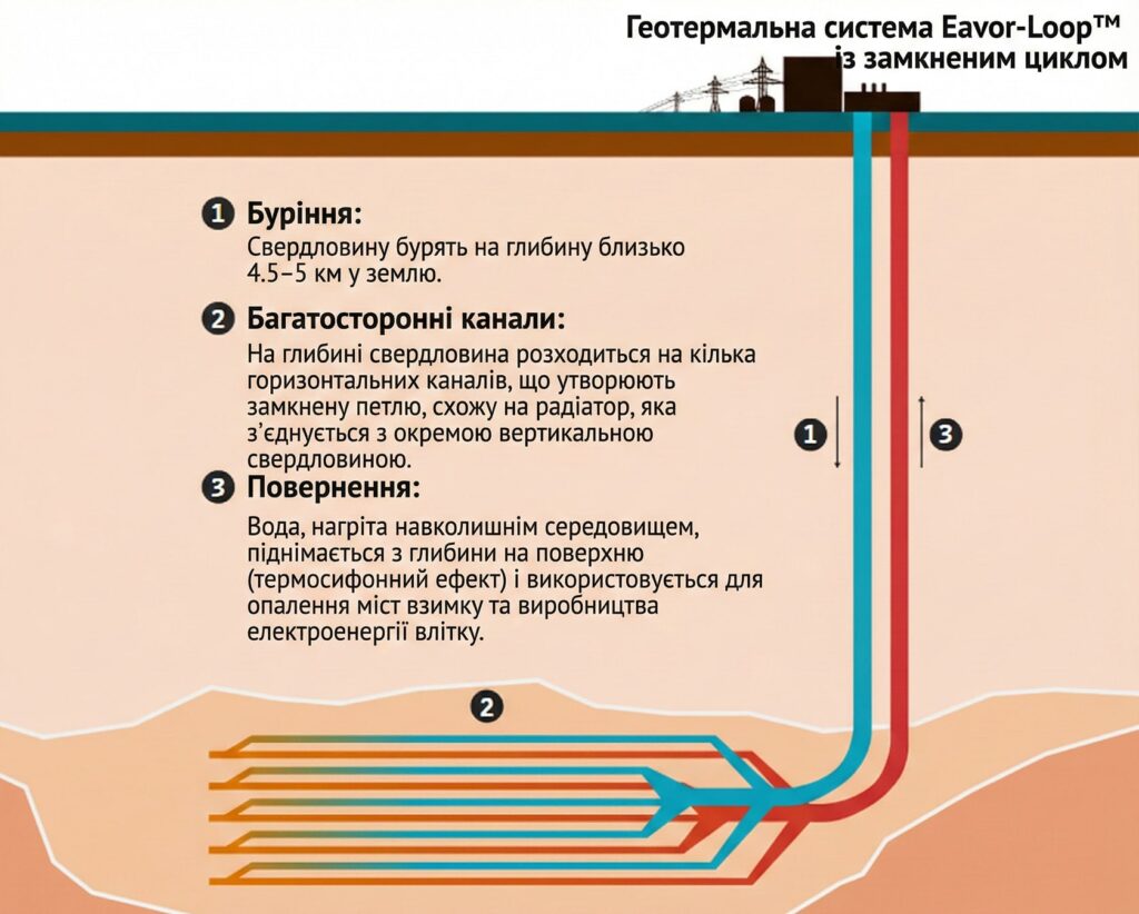 Інфографіка, що пояснює принцип роботи геотермальної системи Eavor-Loop із замкненим підземним циклом для видобутку тепла та електроенергії