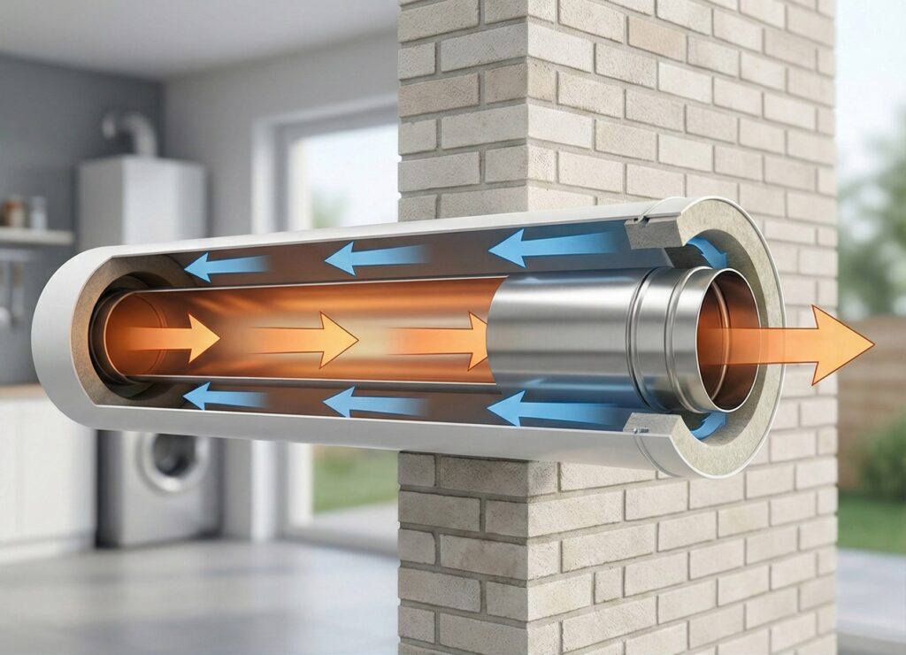 Схема розріз коаксіального димоходу в стіні, що демонструє зустрічні потоки відпрацьованих газів та свіжого повітря.