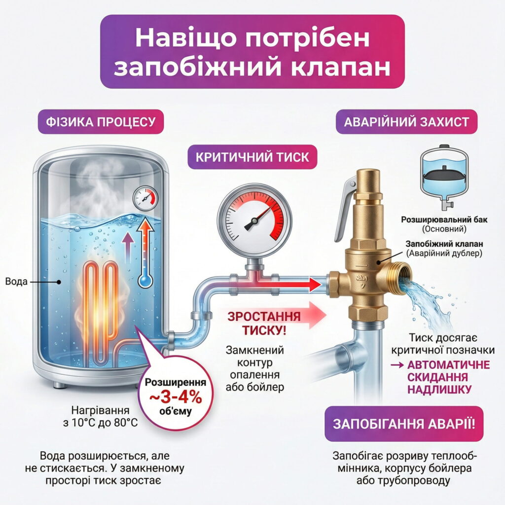 Інфографіка: принцип роботи та призначення запобіжного клапана. Візуалізація процесу захисту від критичного тиску при нагріванні води.