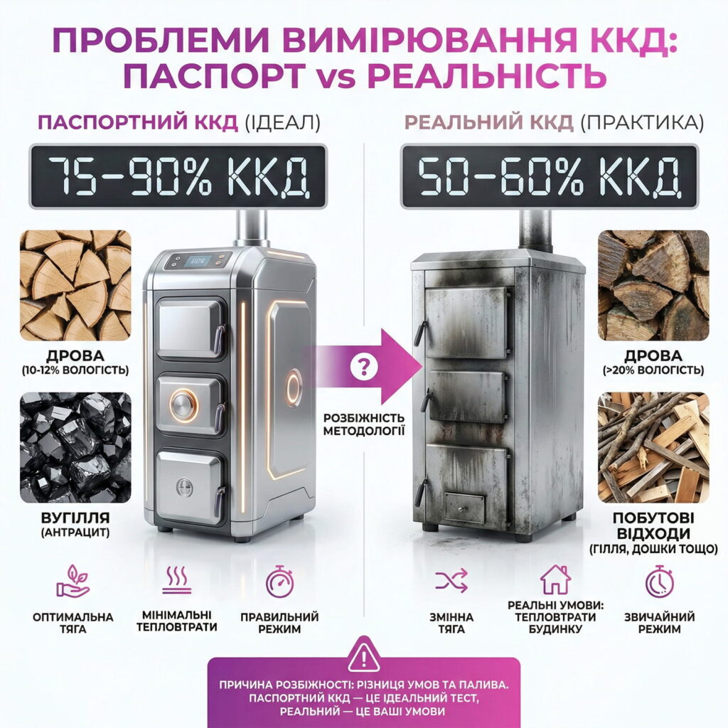 Інфографіка, що порівнює високий паспортний ККД твердопаливного котла за ідеальних умов з реальними умовами