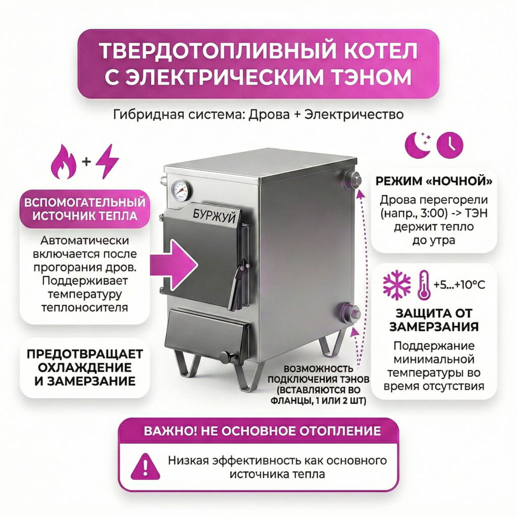 Инфографика: Твердотопливный котел «Буржуй» с возможностью установки электрического ТЭНа в боковые фланцы. Схема объясняет преимущества гибридной системы (дрова + электричество).