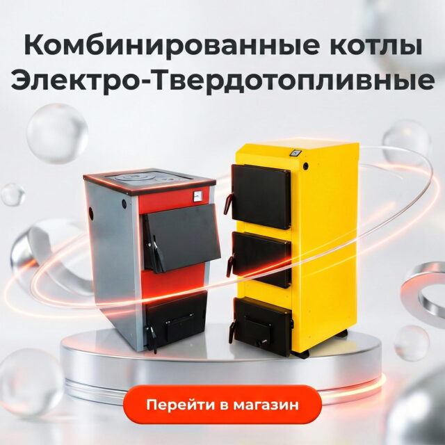 Рекламный баннер, предлагающий перейти на страницу магазина с комбинированными котлами электричество-дрова