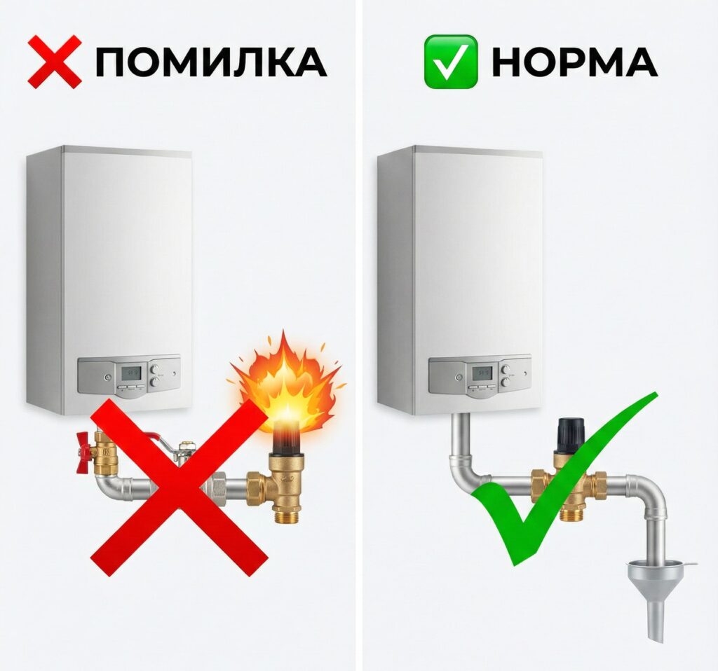 Схема монтажу групи безпеки котла: порівняння правильного підключення та небезпечної помилки зі встановленням крана на подаючій лінії.