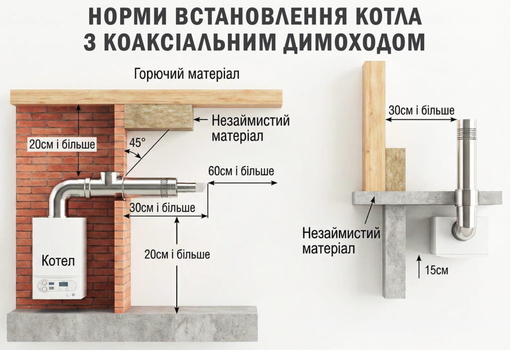 Схема: норми установки коаксіальних димоходів для настінного газового котла, включаючи мінімальні безпечні відстані до горючих та негорючих матеріалів