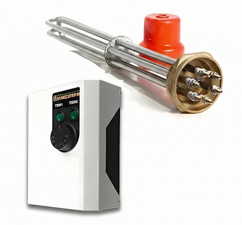 Фото: Комплект c блок-ТЭНа из нержавеющей стали и блока управления с переключателями и терморегулятором.