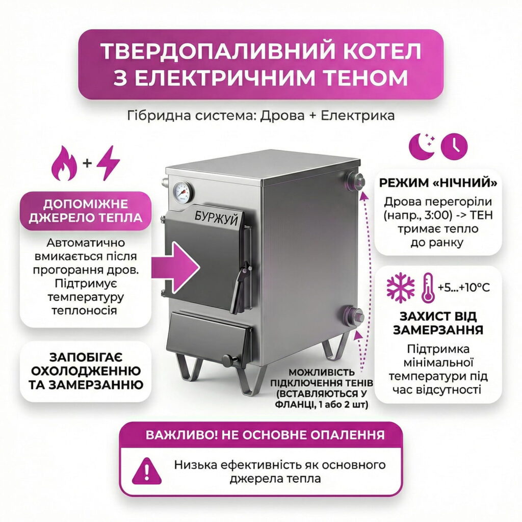 Інфографіка: Твердопаливний котел "Буржуй" з можливістю встановлення електричного ТЕНа у бокові фланці. Схема пояснює переваги гібридної системи (дрова + електрика).