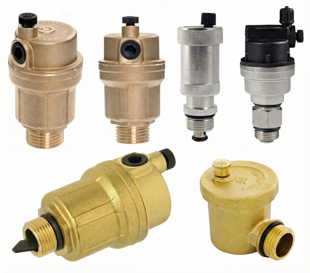 Фото: шість різних автоматичних розповітрювачів для систем опалення та водопостачання. Приклад зовнішнього вигляду