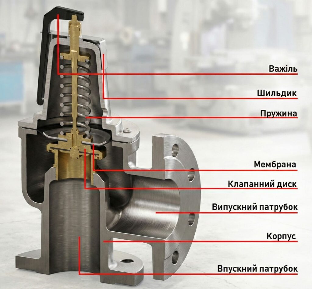 Розріз запобіжного клапана з підписами основних елементів: важіль, пружина, мембрана, клапанний диск, корпус і патрубки.