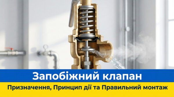 Обкладинка статті: "Запобіжний клапан: Призначення, Принцип дії та Правильний монтаж". Зображено деталізований розріз латунного запобіжного клапана в момент спрацювання (скидання води та пари).