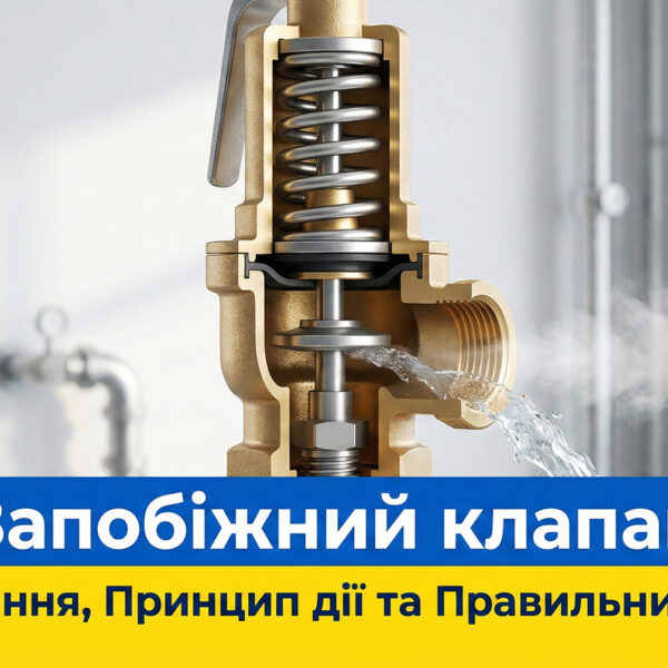 Обкладинка статті: "Запобіжний клапан: Призначення, Принцип дії та Правильний монтаж". Зображено деталізований розріз латунного запобіжного клапана в момент спрацювання (скидання води та пари).