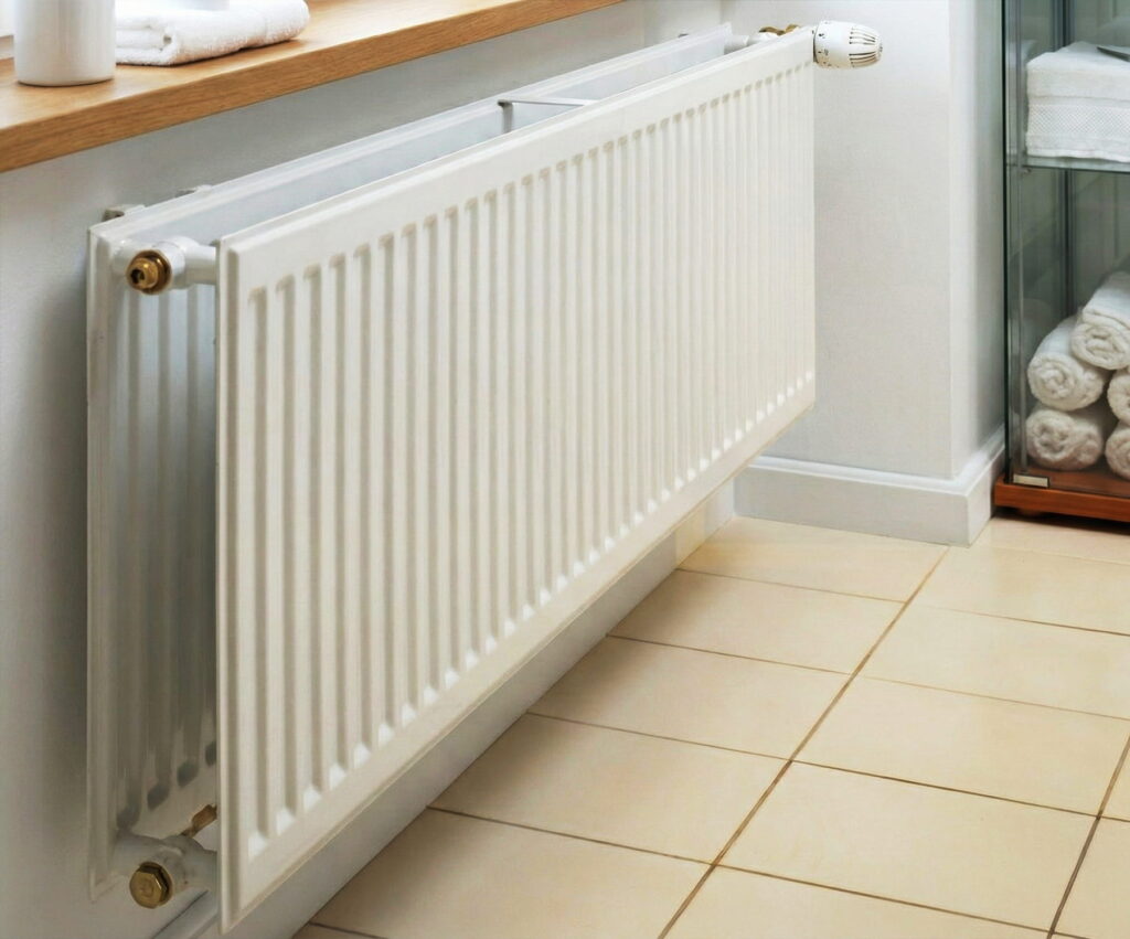 Фото: панельный гигиенический радиатор белого цвета в интерьере