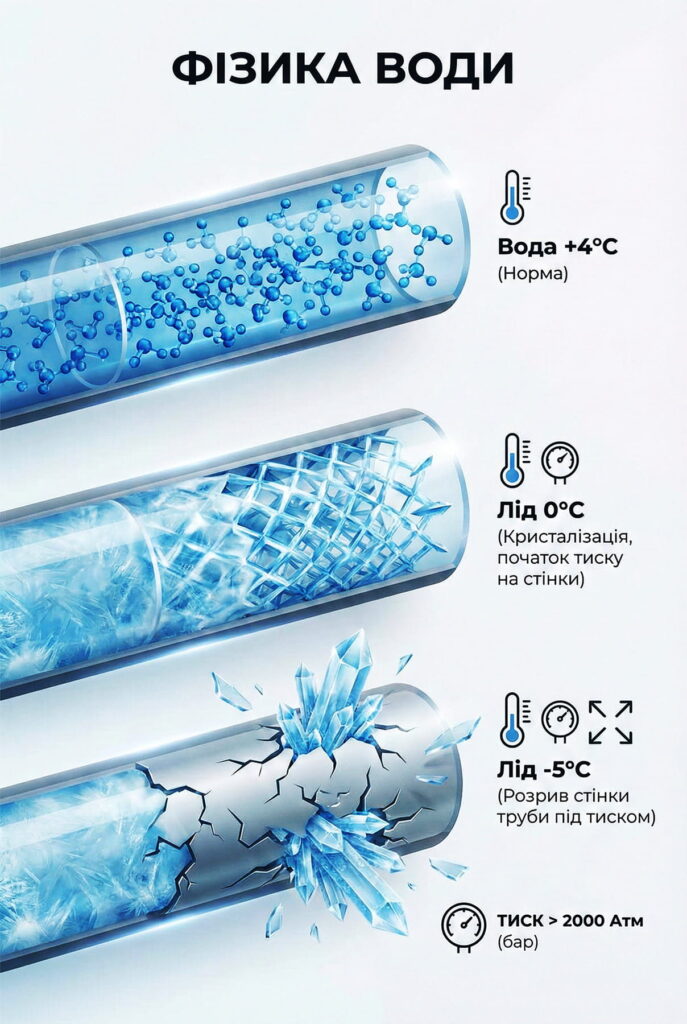 Інфографіка: етапи розширення води при замерзанні та розрив труби під тиском льоду.