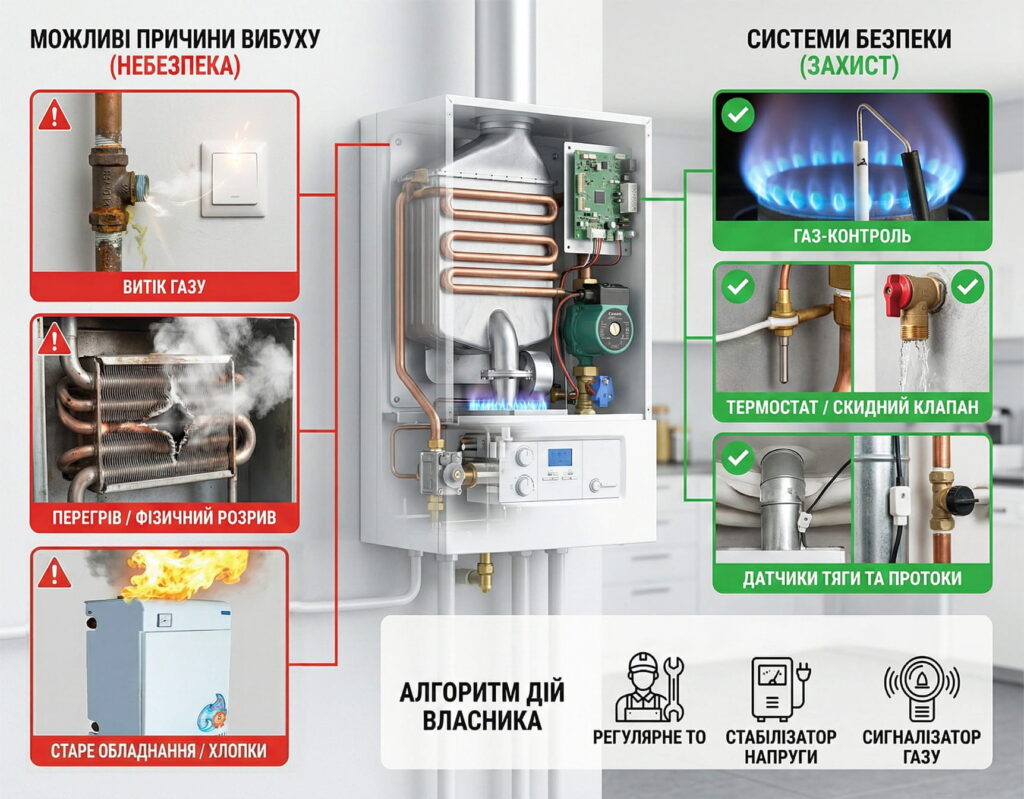 Інфографіка на тему чому може вибухнути газовий котел, та як цьому запобігти.