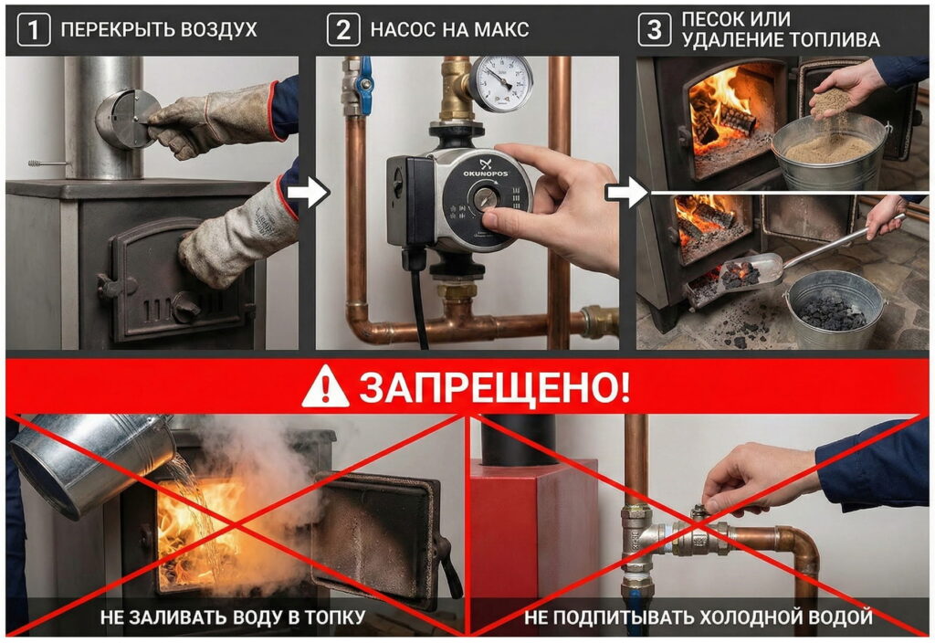 Инструкция по аварийной остановке котла: перекрытие воздуха, работа насоса, использование песка и запрет тушения водой