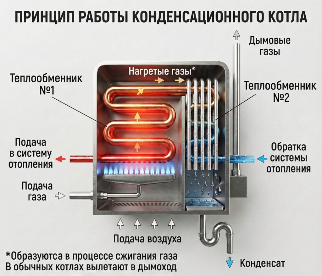 Схема, показывающая внутреннее устройство и принцип работы конденсационного котла с объяснением ключевых процессов