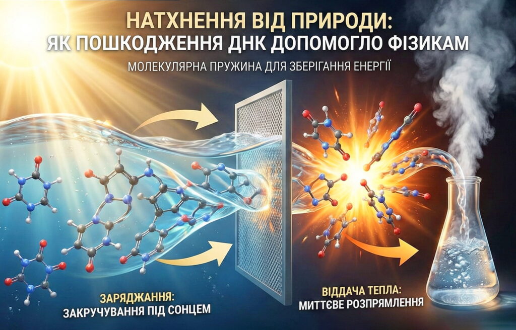 Ілюстрація принципу роботи молекулярної пружини: процес накопичення сонячної енергії та її миттєвого вивільнення у вигляді тепла.