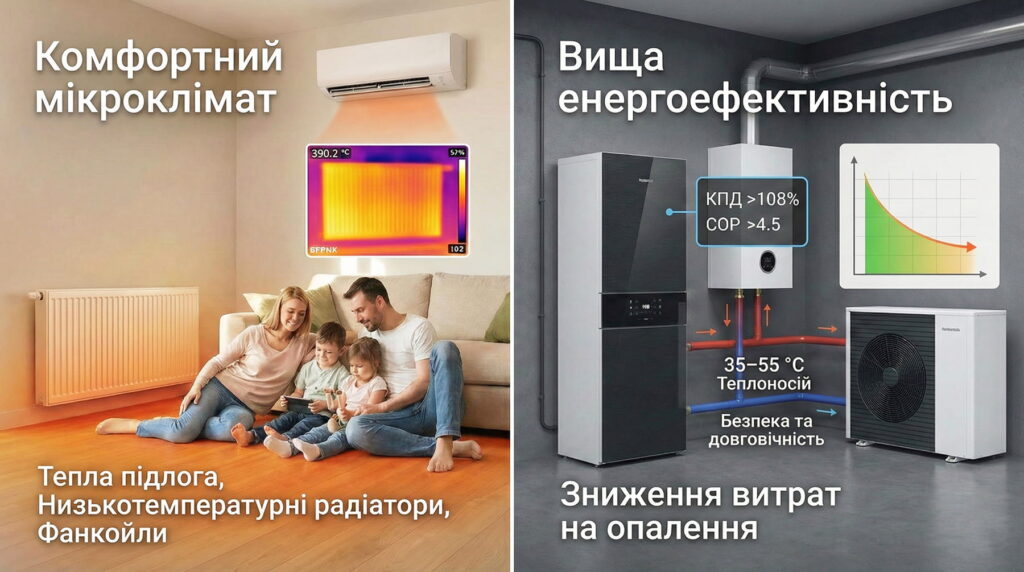 Інфографіка низькотемпературного опалення: комфорт з теплою підлогою і схема роботи теплового насоса з котлом