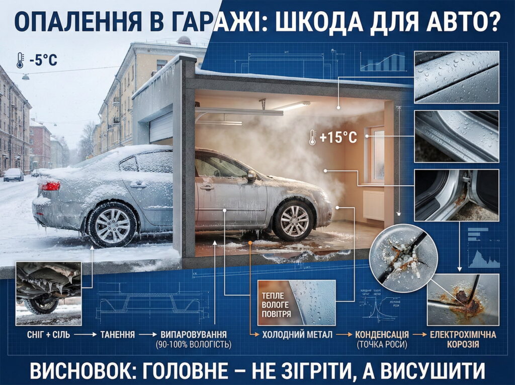 Інфографіка: схема виникнення корозії кузова автомобіля в гаражі з опаленням через конденсат та перепад температур.