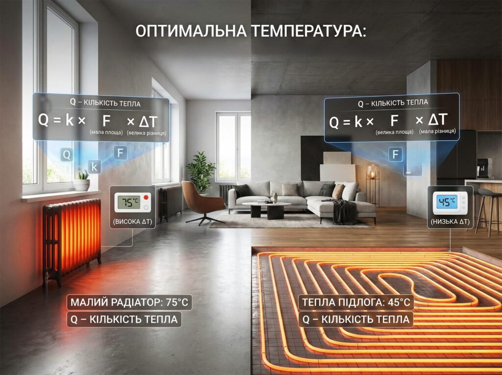 Схема роботи низькотемпературного опалення: порівняння радіатора та теплої підлоги через формулу теплопередачі