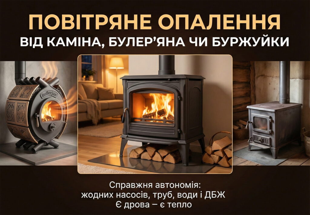Варіанти автономного повітряного опалення: булер'ян, сучасна піч-камін та металева буржуйка в інтер'єрі.