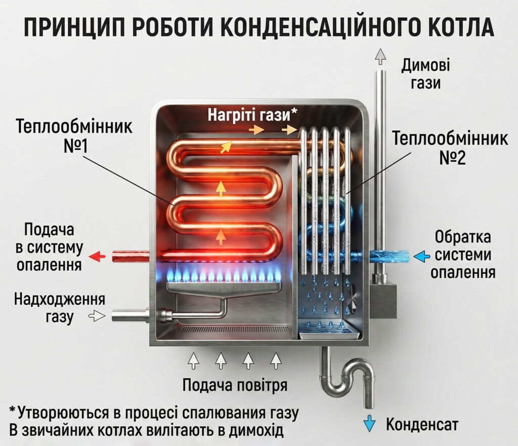 Схема, що ілюструє внутрішню будову та принцип роботи конденсаційного котла з поясненням ключових процесів