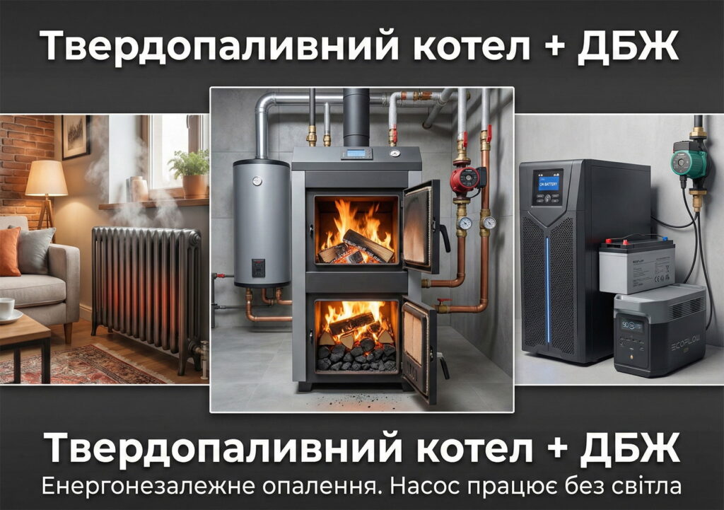 Твердопаливний котел з підключеним ДБЖ та акумулятором для безперебійної роботи циркуляційного насоса під час відключень світла.