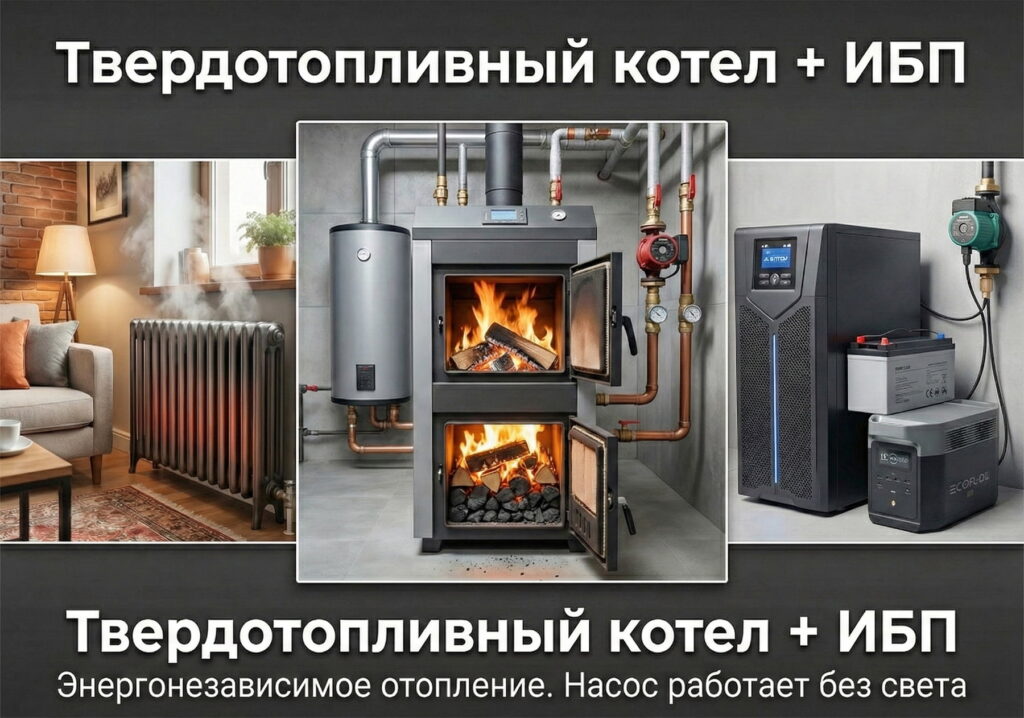 Твердотопливный котел с подключенным ИБП и аккумулятором для бесперебойной работы циркуляционного насоса во время отключений света.