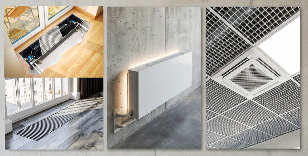 Колаж видів фанкойлів: внутрішньопідлоговий, настінний та стельовий