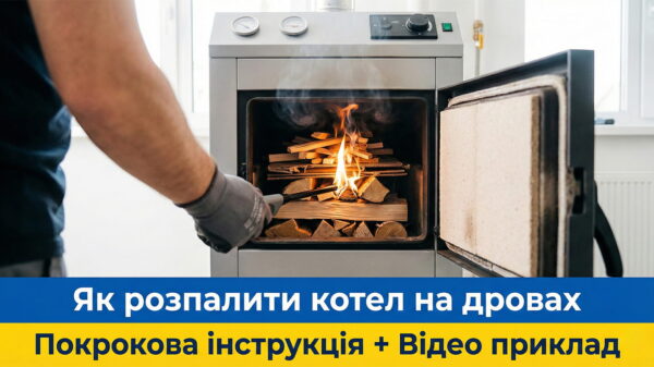 Фото: Чоловік розпалює твердопаливний котел. Обкладинка статті: Як розпалити котел на дровах
