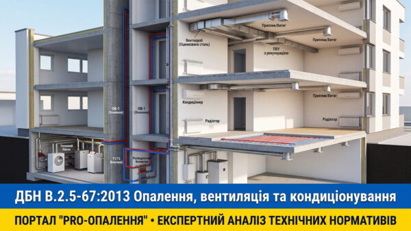 Обкладинка статті про норми ДБН В.2.5-67:2013. Реалістична 3D-схема систем опалення, вентиляції та кондиціонування у розрізі будинку.