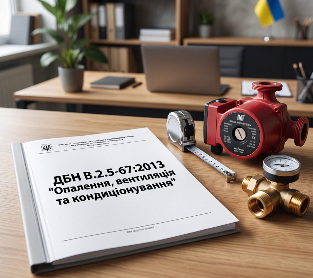 Документ з текстом ДБН В.2.5-67:2013. На робочому столі циркуляційний насос, манометр та рулетка.