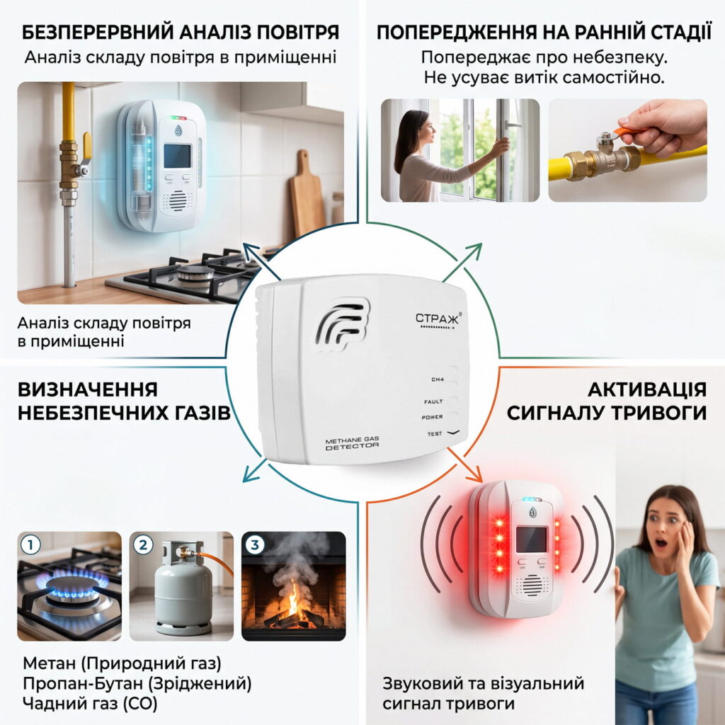 Інфографіка принципу роботи сигналізатора загазованості: пристрій аналізує повітря та подає сигнал при витоку газу.