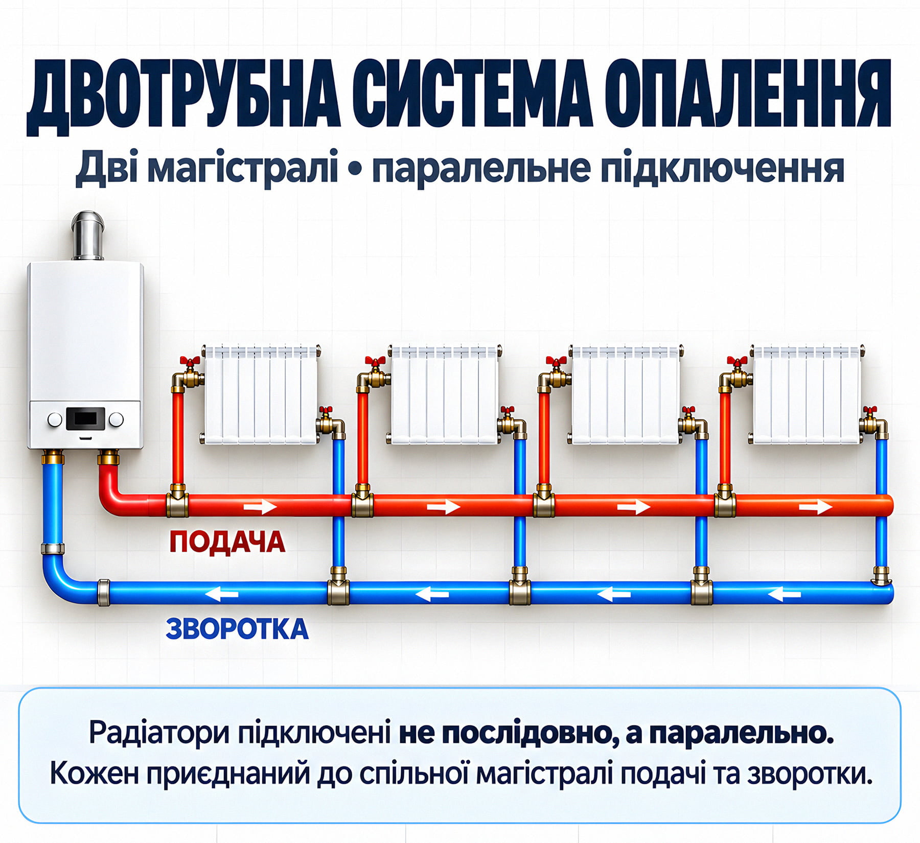 Схема двотрубної системи опалення з паралельним підключенням радіаторів, подачею та звороткою.