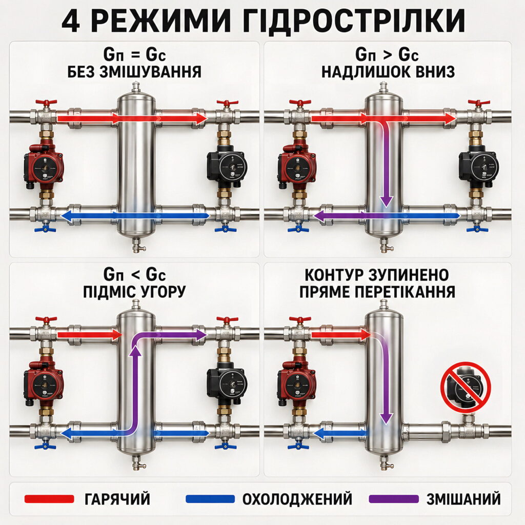 Інфографіка: 4 режими роботи гідрострілки – схема потоків теплоносія.