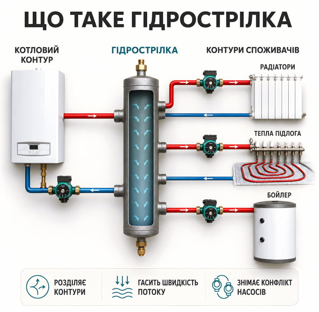 Інфографіка про принцип роботи гідрострілки та розділення контурів системи опалення.