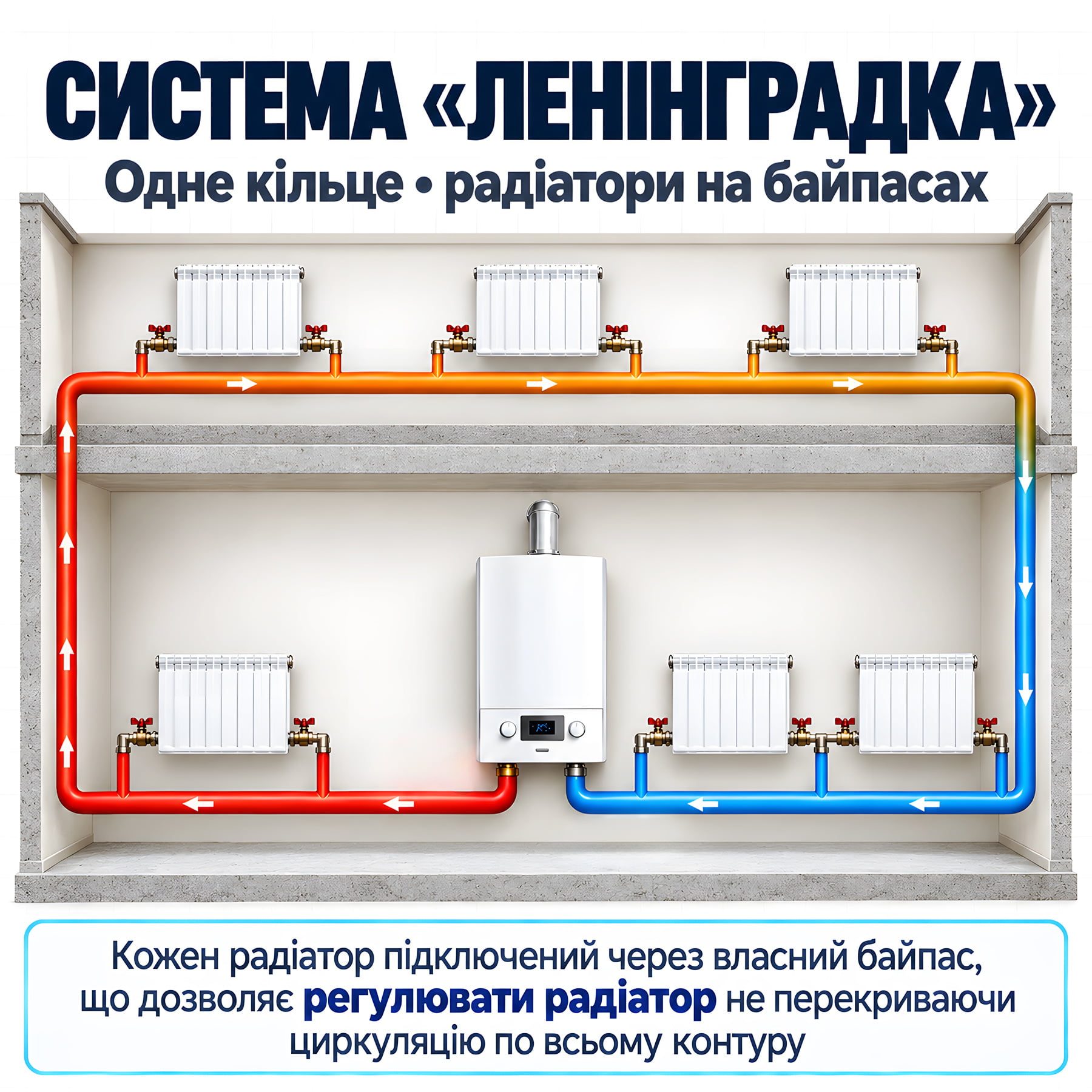 Схема системи опалення «Ленінградка» з кільцевою магістраллю та байпасами радіаторів.