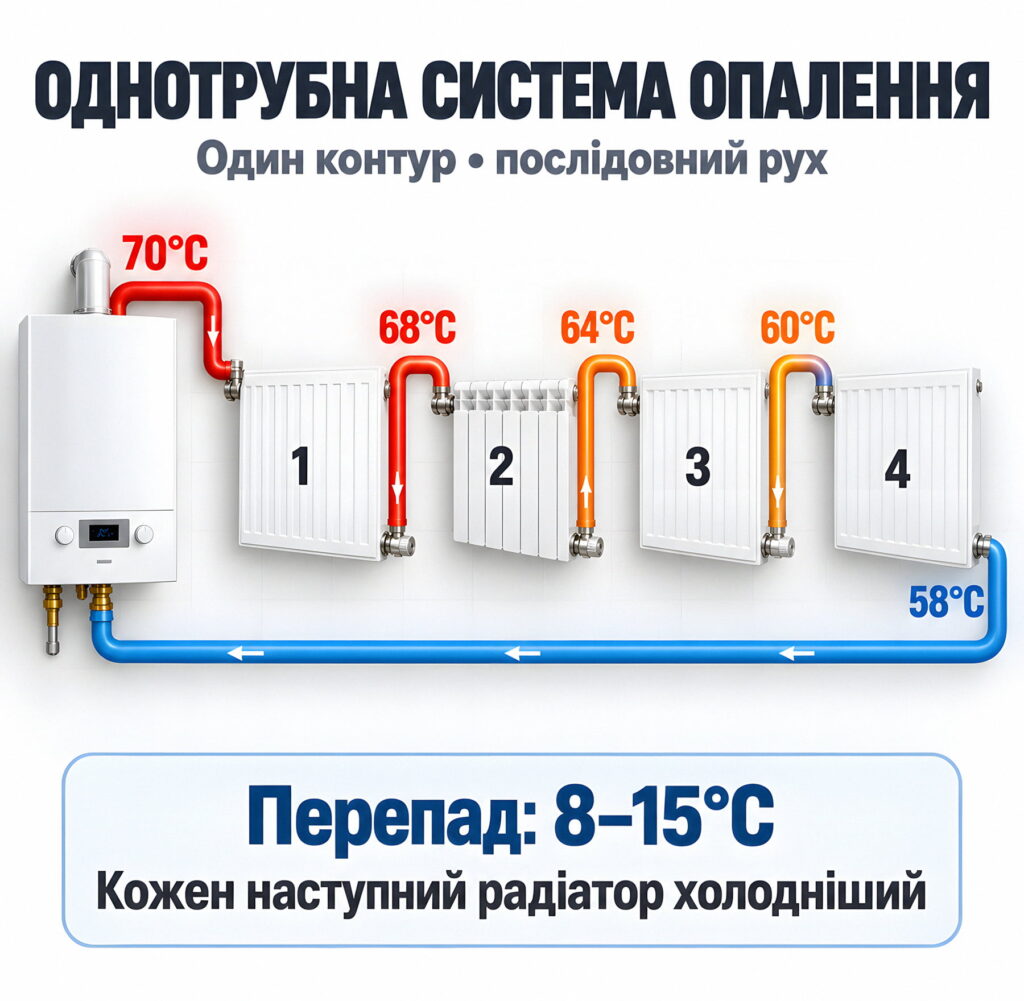 Схема роботи однотрубної системи опалення з послідовним охолодженням теплоносія.