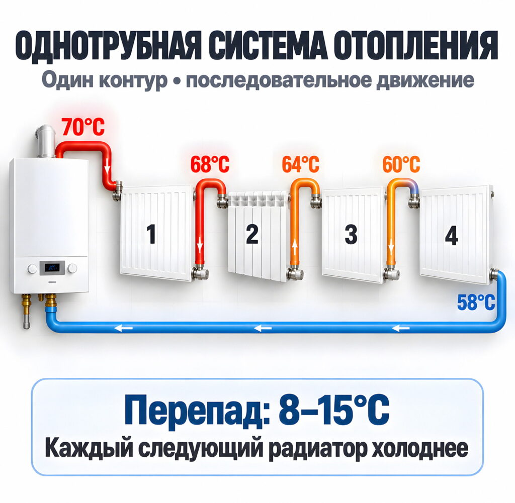 Схема работы однотрубной системы отопления с последовательным подключением радиаторов.