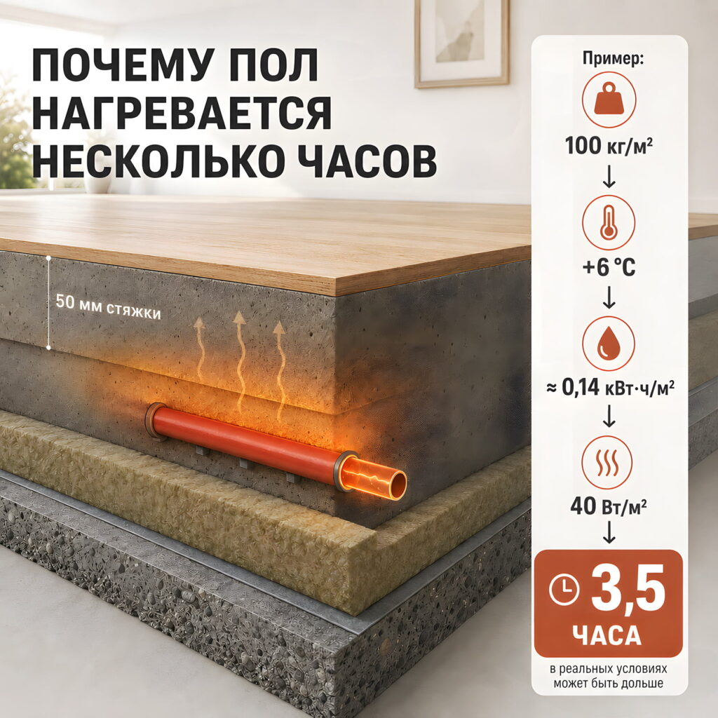 Инфографика: пример того, сколько времени нагревается водяной теплый пол.